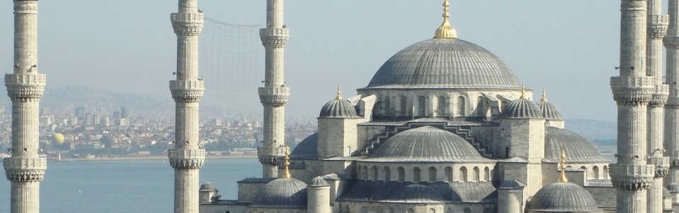 Blue Mosque in Istanbul, Sea of Marmara in background